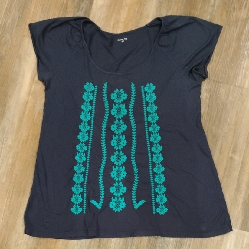 Garnet Hill Navy Top with Teal Floral Accents